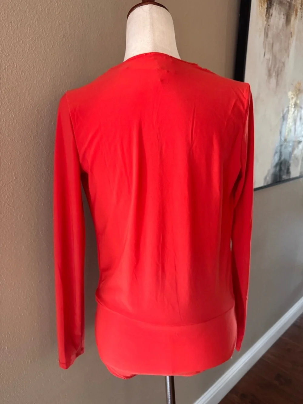 V-Neck Long Sleeve Wrap Bodysuit in Coral Red - Picture 9 of 12